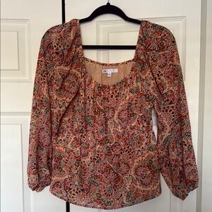 DR2 Orange and Brown Ruffled Bib Collar Blouse Size small
